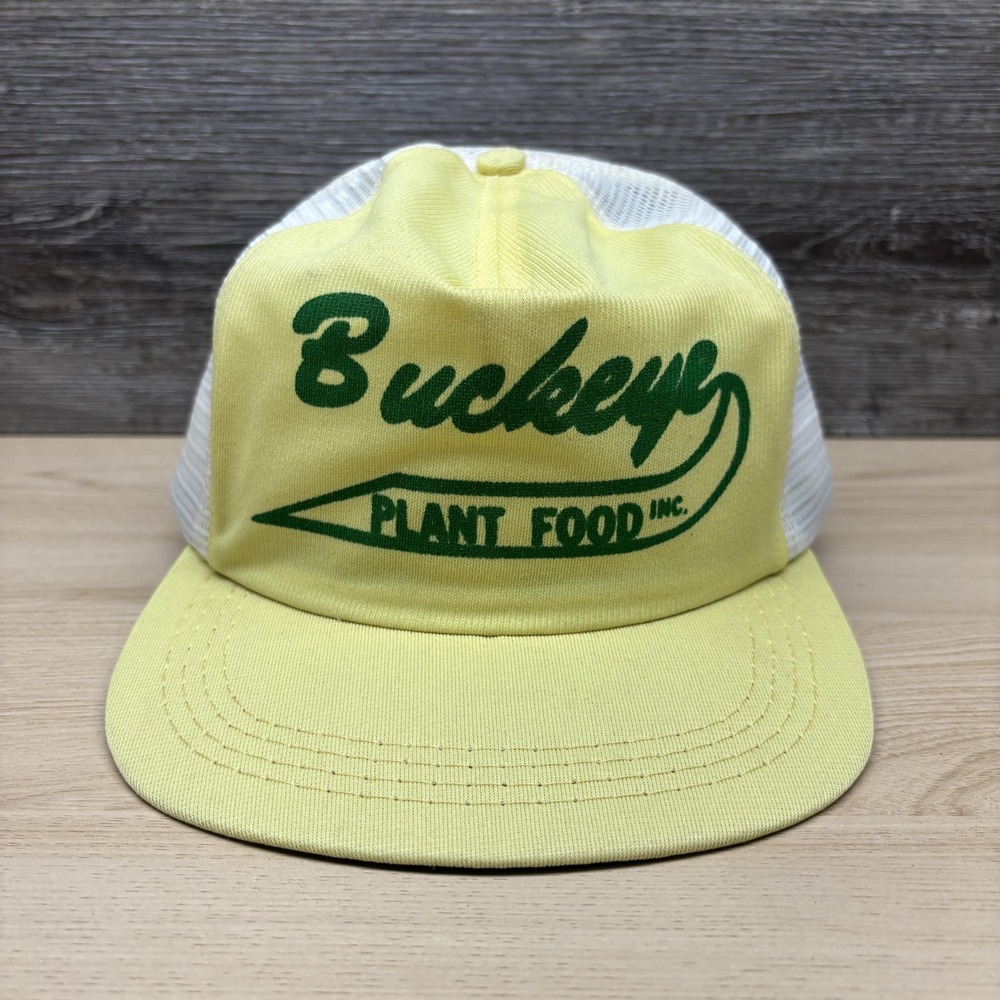 Vintage Buckeye Plant Food Hat Cap Snap Back Mens Medium Yellow Mesh Trucker 80s